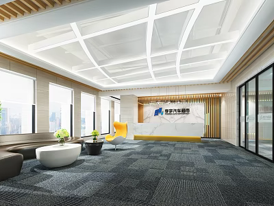 Modern Front Desk Reception Area Featuring Marble Counter Company Logo Sofa Yellow Chair And Plants 3d model