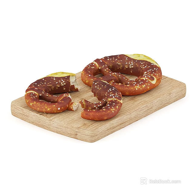 Soft Pretzels with Sesame Seeds on a Wooden Cutting Board One Bit 3d model 