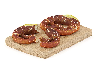 Soft Pretzels with Sesame Seeds on a Wooden Cutting Board One Bit 3d model
