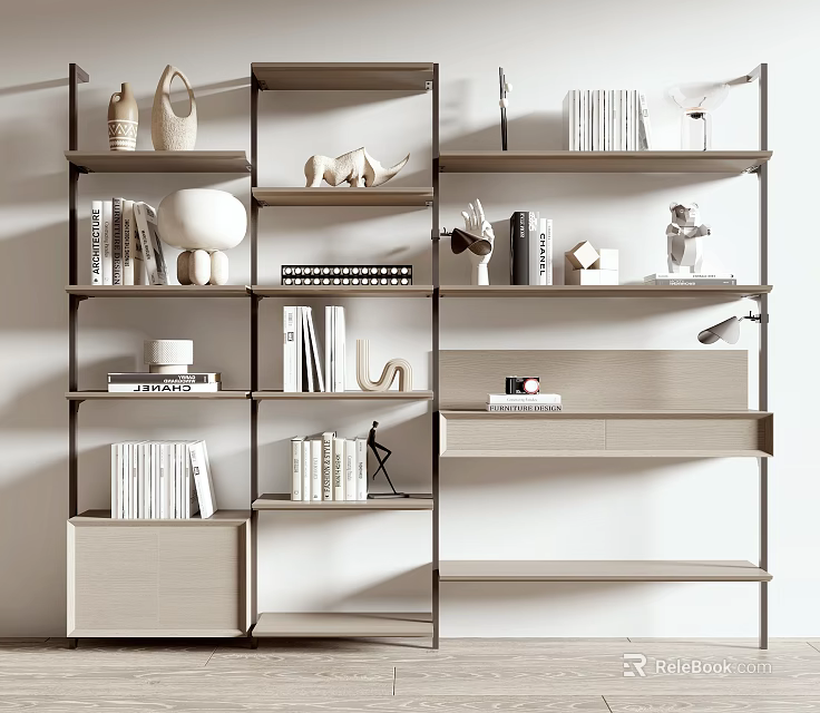 Modern Open Shelving Unit Design With Books Decorative Sculptures And Ceramic Vases 3d model 