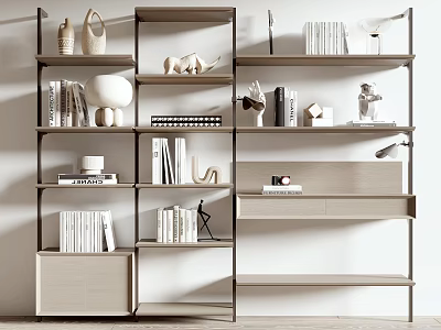 Modern Open Shelving Unit Design With Books Decorative Sculptures And Ceramic Vases 3d model