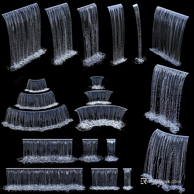 Garden Landscape With Multiple Tiered Curved And Vertical Waterfall Features 3d model