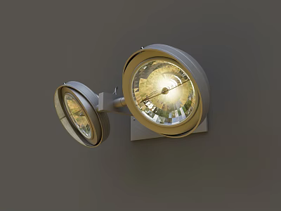 Modern Metal Wall Sconce With Two Round Illuminated Lamps Mounted On Grey Wall 3d model