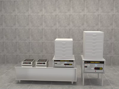 Commercial Kitchen Appliances With Stainless Steel Countertop And Storage Cabinets Against Gray Tile Wall 3d model