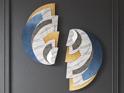 Two Piece Abstract Wall Decor With Blue Gold White Gray Geometric Patterns On Dark Wall 3d model