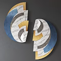 Two Piece Abstract Wall Decor With Blue Gold White Gray Geometric Patterns On Dark Wall 3d model