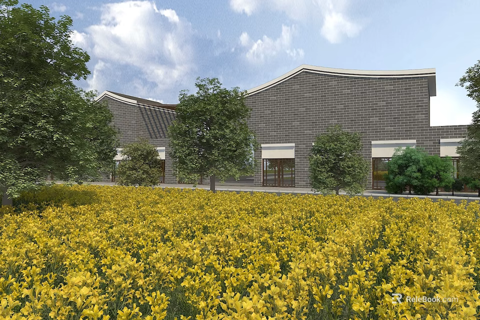 Garden Landscape With Yellow Flower Field Modern Building And Green Trees Under Blue Sky 3d model 