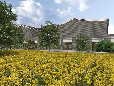 Garden Landscape With Yellow Flower Field Modern Building And Green Trees Under Blue Sky 3d model
