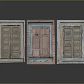 Vintage Architectural Wooden Doors With Central Pink Frame Blue Panel And Side Yellow Green Frames