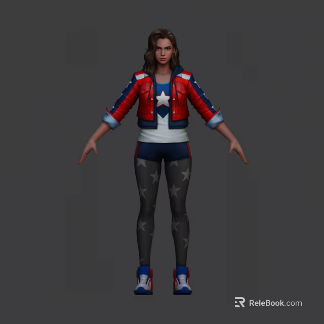 Female Game Character With Red Blue Jacket White Top And Star Patterned Pants 3d model 