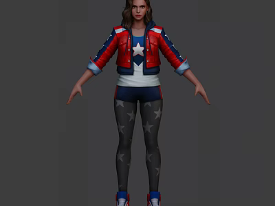 Female Game Character With Red Blue Jacket White Top And Star Patterned Pants 3d model