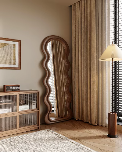 Interior Room Featuring Wavy Mirror Wooden Cabinet Wall Painting Curtains And Table Lamp 3d model