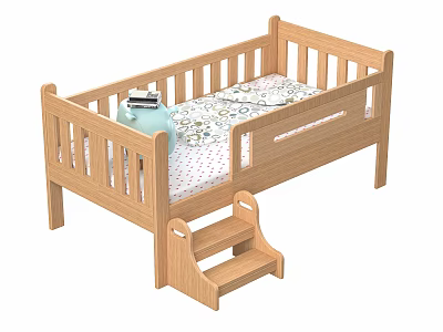 Wooden Baby Cot With Ladder Floral Pattern Mattress And Blue Kettle 3d model