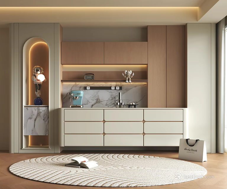 Elegant Modern Wine Cabinet Interior Design With Wooden Frame And Marble Countertop 3d model 