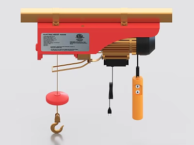 Industrial Overhead Electric Hoist Red Body Yellow Control Handle Motor And Hook 3d model