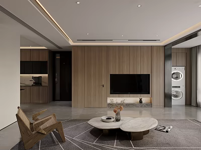 Modern Living Dining Room Interior With Wooden Wall TV Backdrop Armchair Coffee Table And Rug 3d model