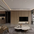 Modern Living Dining Room Interior With Wooden Wall TV Backdrop Armchair Coffee Table And Rug