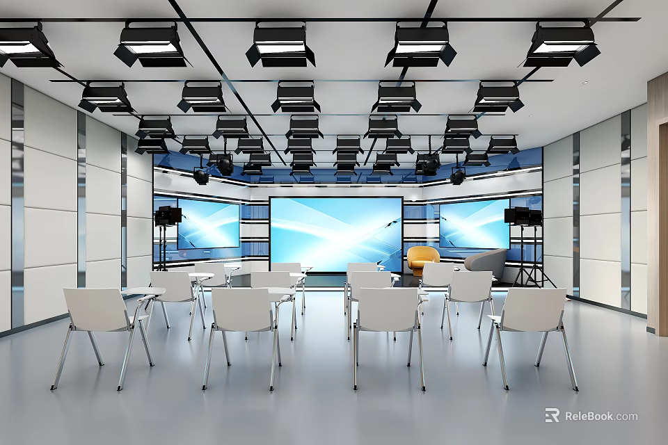 Modern Conference Room With Practical Shoe Bench And White Chairs Large Screens Black Lights 3d model 