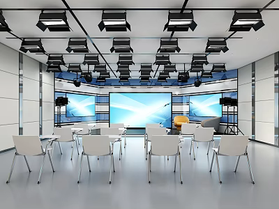 Modern Conference Room With Practical Shoe Bench And White Chairs Large Screens Black Lights 3d model