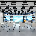 Modern Conference Room With Practical Shoe Bench And White Chairs Large Screens Black Lights