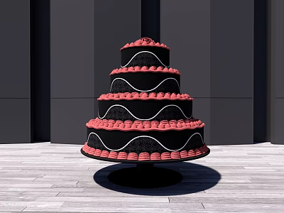 Elegant Tiered Black Cake With Red Decorations And Wavy Edges On Display Stand 3d model