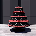 Elegant Tiered Black Cake With Red Decorations And Wavy Edges On Display Stand