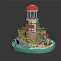 Detailed Tower Model With Red Dome Columns Store Banner Wooden Stairs And Blue Base