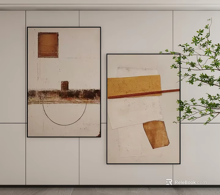 Minimalist Abstract Paintings Hanging On White Wall With Green Leafy Plant 3d model 