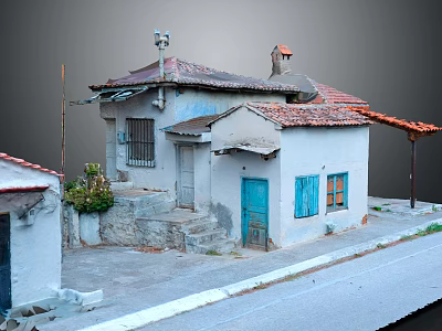 Traditional Village House With Red Tile Roof White Walls Blue Door Windows And Stone Steps 3d model