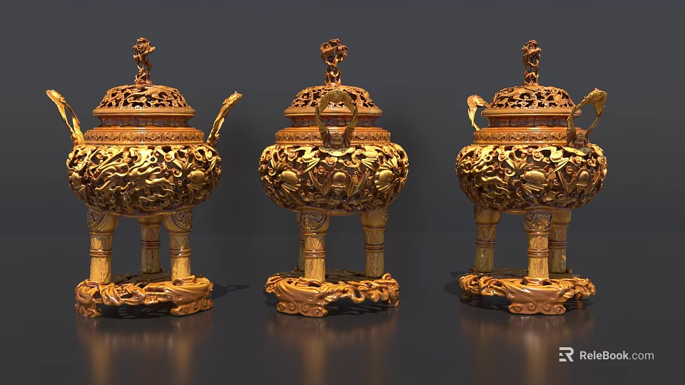 Exquisite Golden Sculptures with Intricate Carved Patterns Three Legged Design and Ornate Lids 3d model 