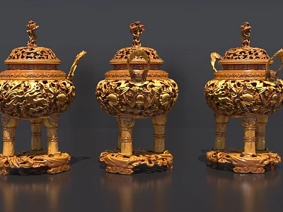 Exquisite Golden Sculptures with Intricate Carved Patterns Three Legged Design and Ornate Lids 3d model