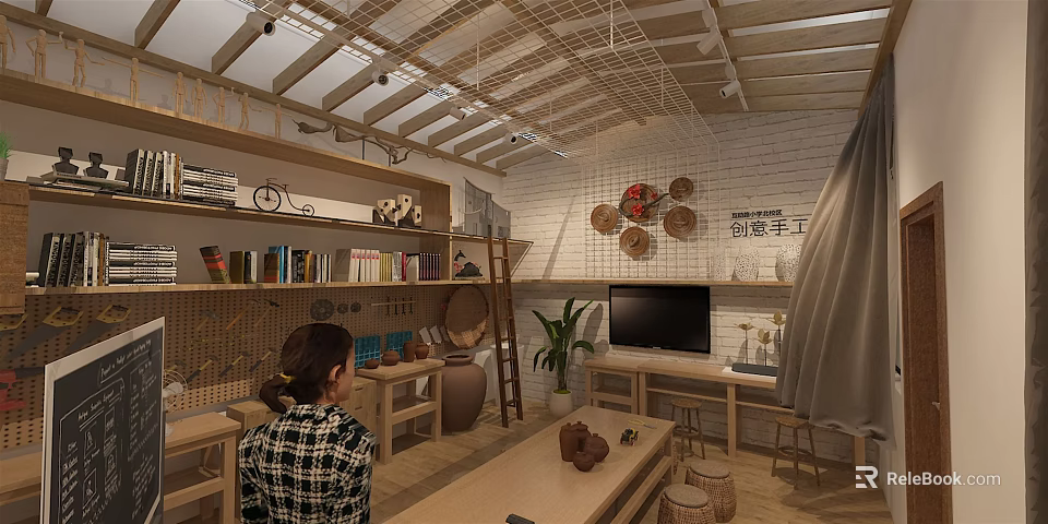 School Ceramic Workshop Classroom With Student Pottery Activity Bookshelves And Green Plants 3d model 