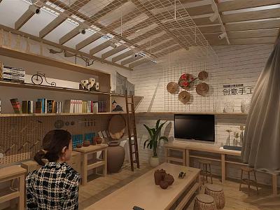 School Ceramic Workshop Classroom With Student Pottery Activity Bookshelves And Green Plants 3d model