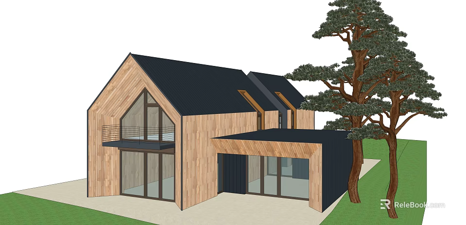 Modern Wooden House With Black Roof Balcony Large Glass Windows And Pine Tree 3d model 