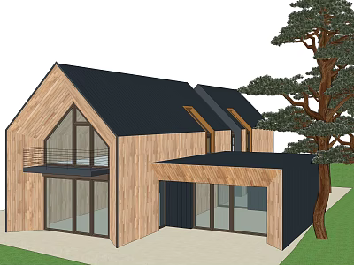 Modern Wooden House With Black Roof Balcony Large Glass Windows And Pine Tree 3d model