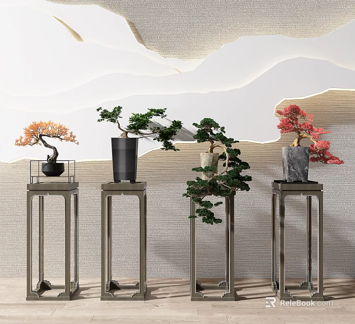 Bonsai Plants on Metal Stands with Wave Texture Wall Various Tree Shapes and Colored Foliage 3d model 
