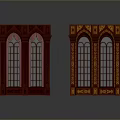 Red Classical Arched Doors with Glass Panels and Intricate Carved Patterns 3d model