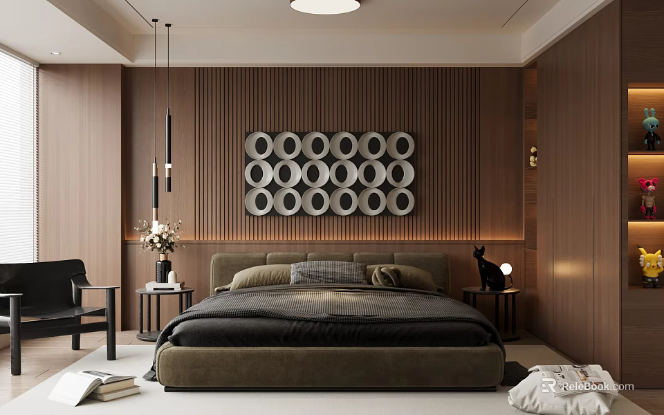 Modern Bedroom Interior Design With Wooden Panel Walls Circular Decor Bedside Nightstand And Pendant Lights 3d model 
