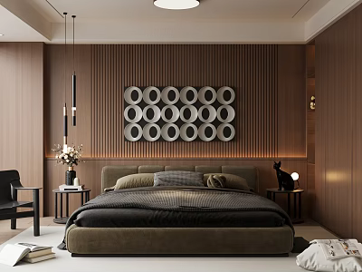 Modern Bedroom Interior Design With Wooden Panel Walls Circular Decor Bedside Nightstand And Pendant Lights 3d model