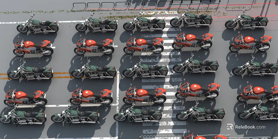 Multiple Motorcycles Neatly Arranged In Rows At Parking Lot Space 3d model 