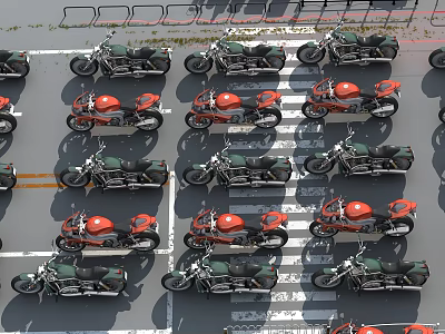 Multiple Motorcycles Neatly Arranged In Rows At Parking Lot Space 3d model