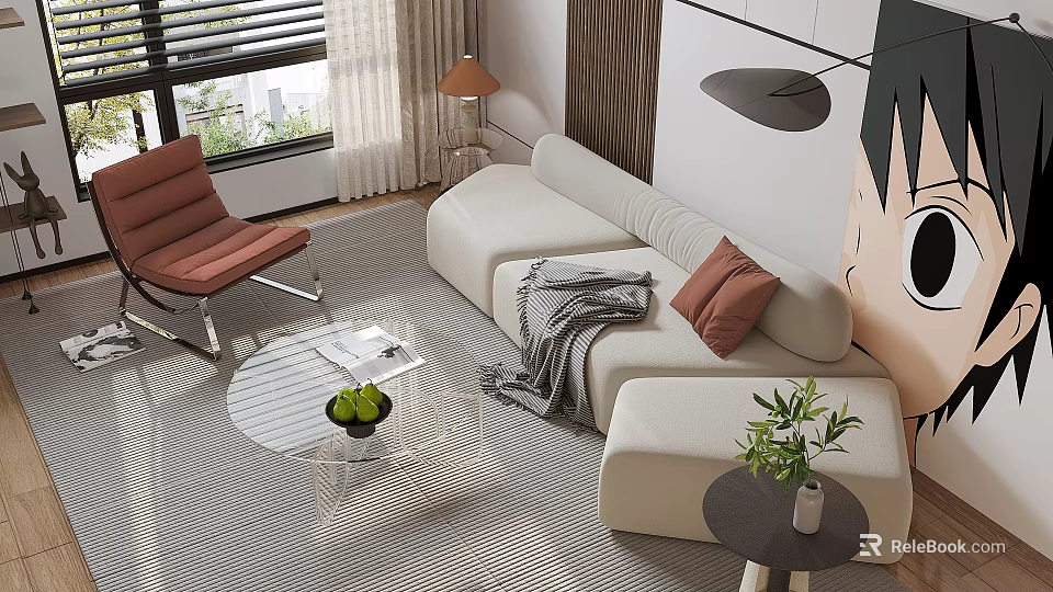 Modern Living Room White Sofa and Glass Coffee Table Set with Brown Cushions Gray Throw 3d model 