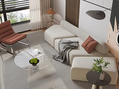 Modern Living Room White Sofa and Glass Coffee Table Set with Brown Cushions Gray Throw 3d model