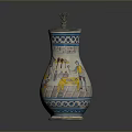 Decorative Household Ceramic Pitcher With Blue Yellow Patterns Curved Handle And Ornate Lid
