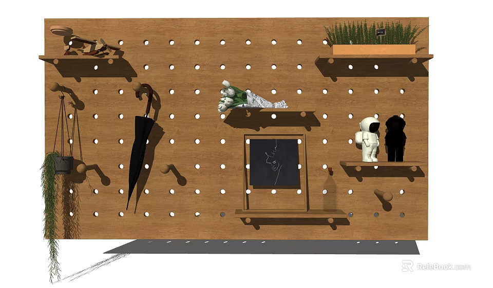 Functional Stylish Wooden Pegboard Wall Decor with Hooks Shelves Umbrella Green Plants and Decorations 3d model 