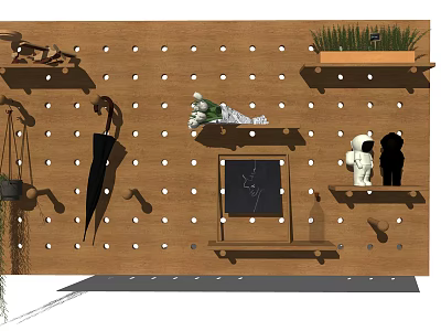 Functional Stylish Wooden Pegboard Wall Decor with Hooks Shelves Umbrella Green Plants and Decorations 3d model
