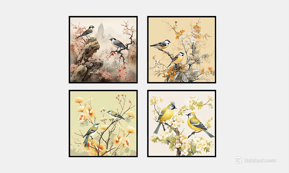 Chinese Style Decorative Paintings Set Of Four With Birds And Flowers 3d model 
