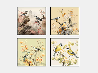 Chinese Style Decorative Paintings Set Of Four With Birds And Flowers 3d model