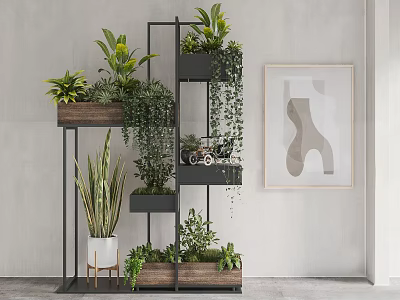 Modern Wood Metal Multi tiered Garden Decor Stand With Green Plants Hanging Vines 3d model