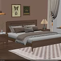 Wooden Double Bed With LED Headboard Pillows Nightstands Table Lamp And Checkered Rug